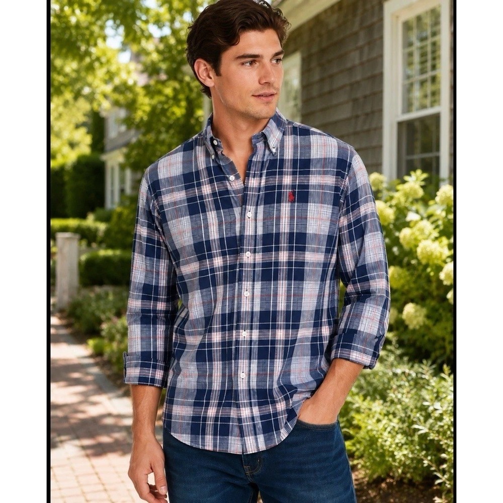 Polo Ralph LAUREN Large 15 -34  Button Down Plaid Long Sleeve Oxford Sport Shirt